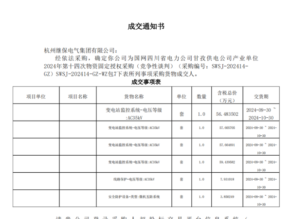 热烈祝贺杭州继保电气中标国网四川省电力公司甘孜供电公司产业单位 2024年第十四次物资固定授权采购项目